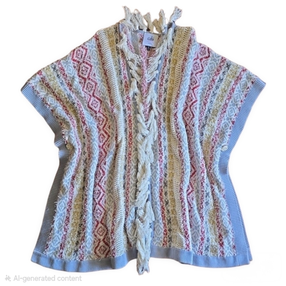 CAbi Siesta Multicolor Fringe Open Front Cardigan Boho Poncho Size XS/S - Picture 4 of 15